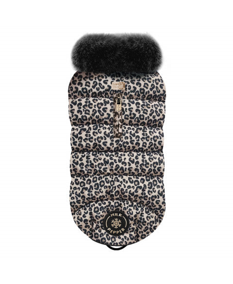 Leopardikuosillinen koiran ja kissan takki keinoturkiskauluksella